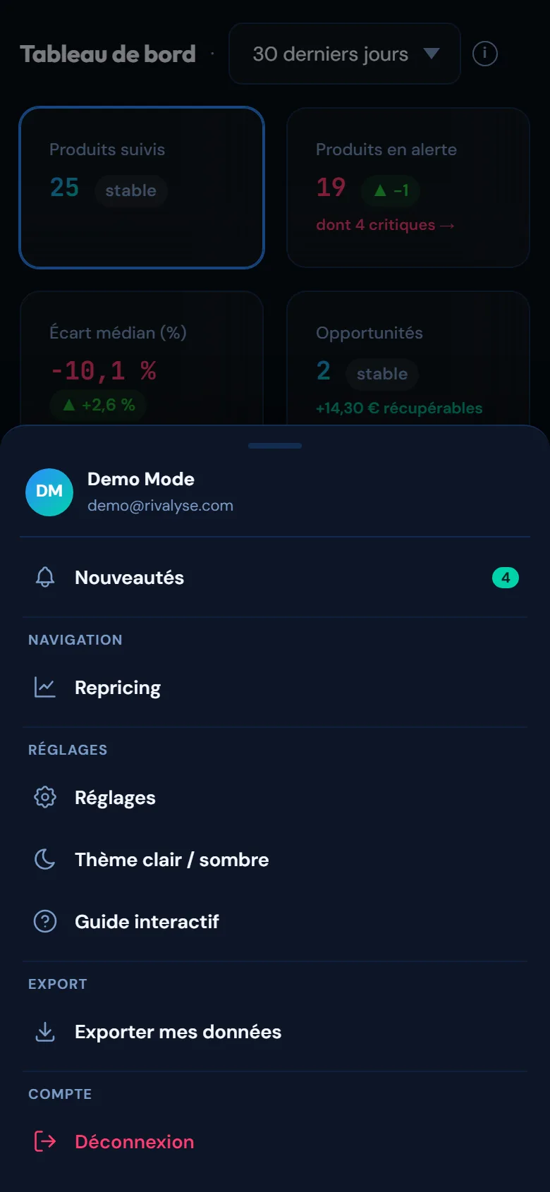 Menu Plus de Rivalyse sur téléphone : feuille ouverte depuis la barre basse, listant les entrées secondaires du tableau de bord